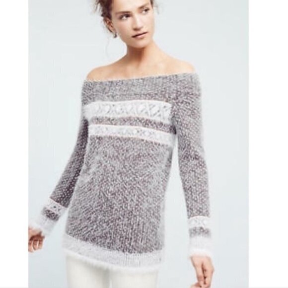 Gray and White Off-Shoulder Sweater - Picture 1 of 12